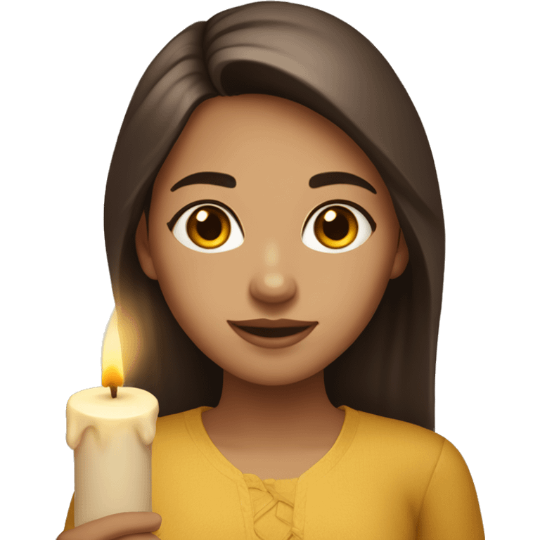 A light-skinned brunette with brown eyes holds a candle in her hands emoji