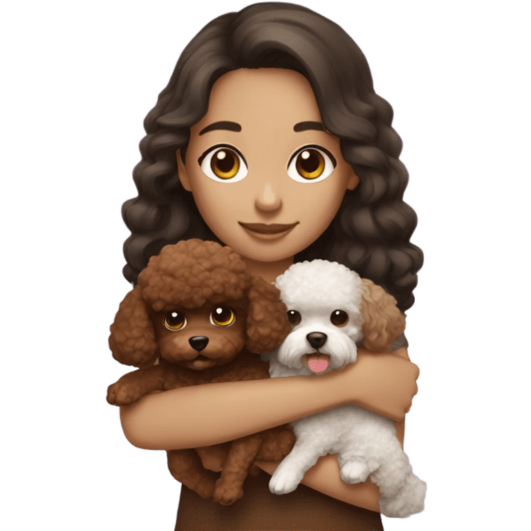 girl with dark brown hair holding brown toy poodle emoji