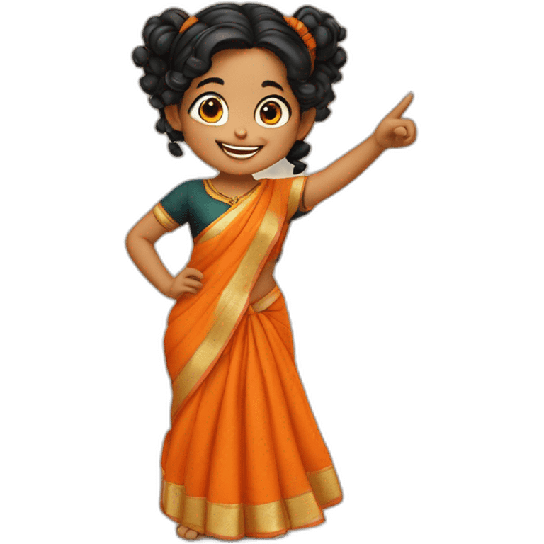 smiling and pointing 3 years old indian girl with black curly hair in pigtails wearing a orange saree emoji