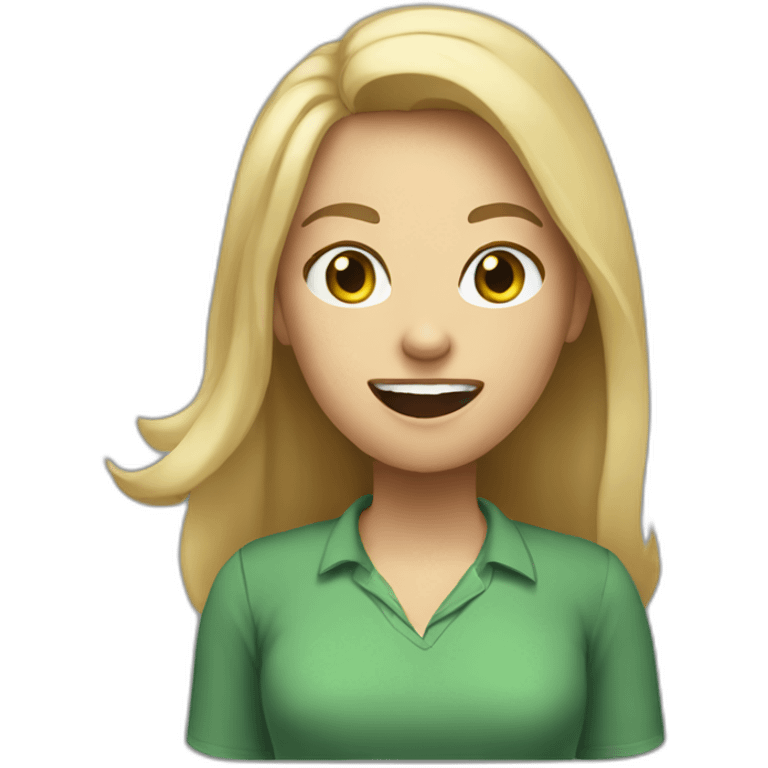 front view woman teacher long blonde hair dark eyes green shirt no glasses yelling emoji