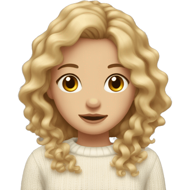 Girl with wavy brunette hair with blonde strands, hazel eyes and white cute sweater emoji