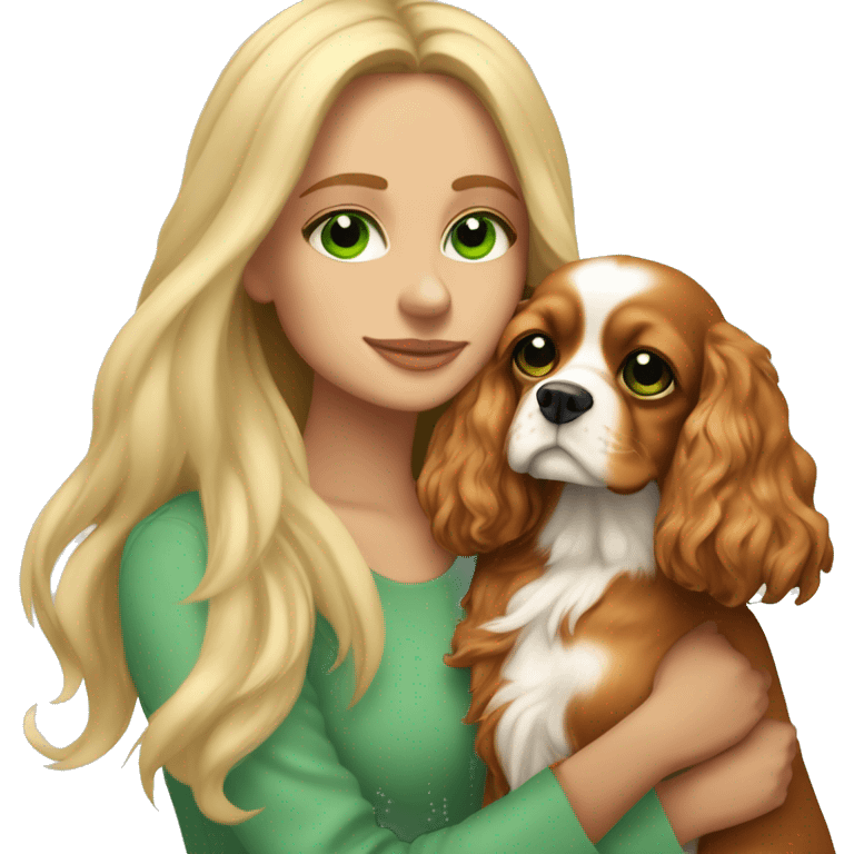 I am a sweet, cozy, beautiful blonde with long hair, green eyes, hugging my beloved Cavalier King Charles Spaniel dog in a shade of Blenheim emoji