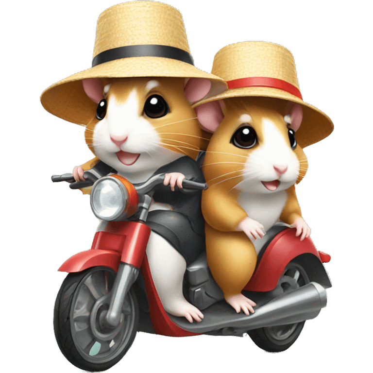 Two hamsters wearing sun hats driving by motorbike emoji