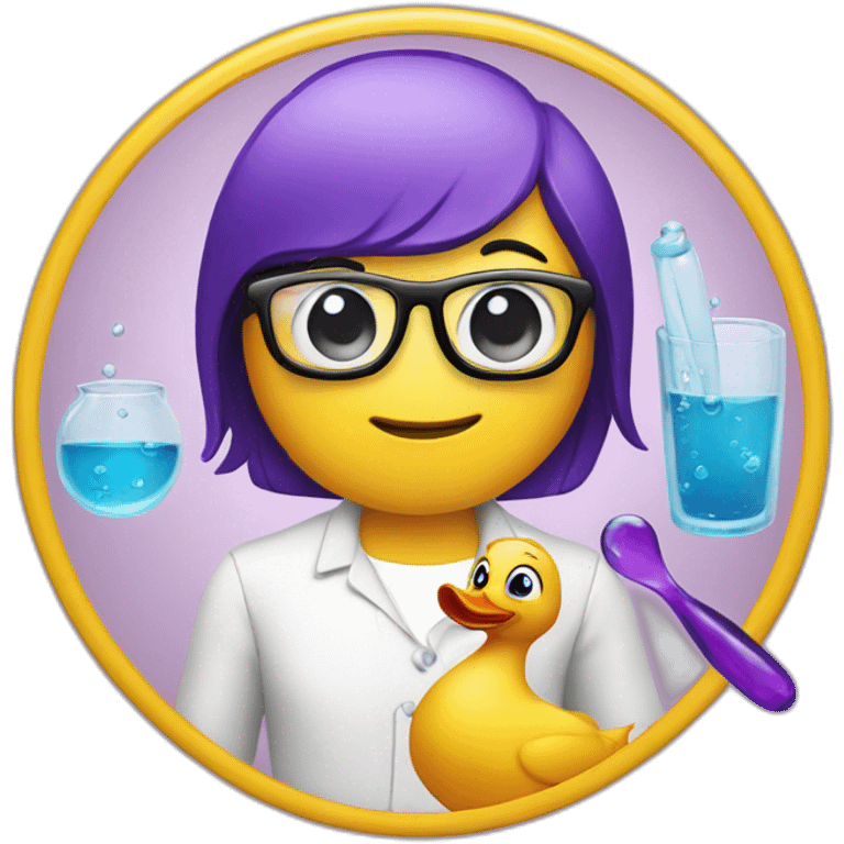 all the emojies are iphone styled, rubber duck faced to the side (3rd person), holding a lab glass full with purple liquid and having glasses emoji