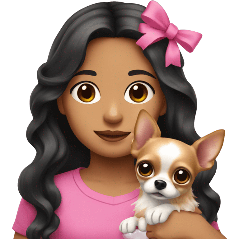 Hispanic girl with long black wavy hair wearing a pink shirt holding a chihuahua wearing a pink bow emoji