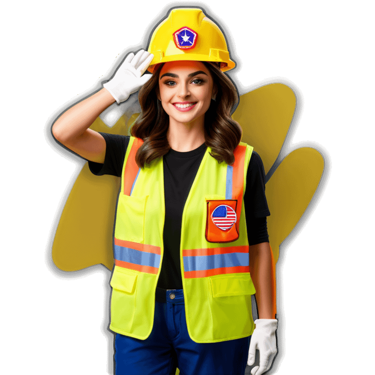  Charli D'Amelio is a construction worker wearing a patriotic dress with a neon yellow safety vest over the dress. she also has a hard hat and a patriotic patch on the vest emoji