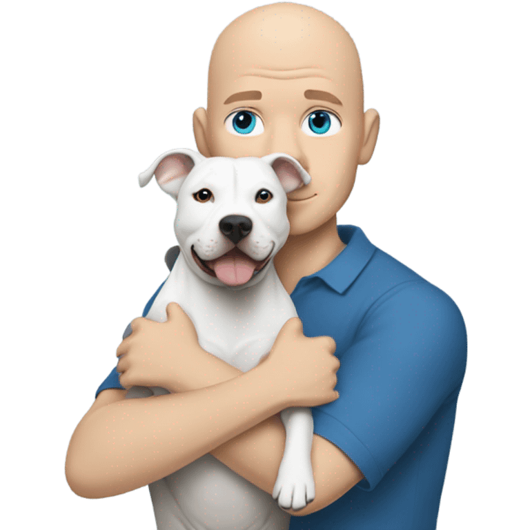 bald white man with blue eyes hugging fully grey pit bull emoji