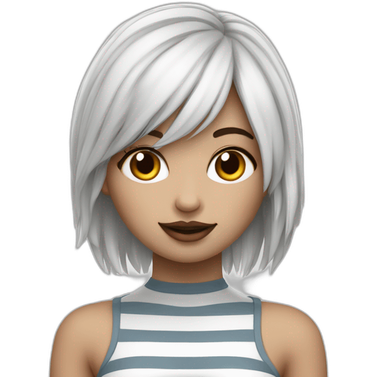 Hyperrealistic Frontal view curvy emo girl sits white skirt striped stockings hands up emoji