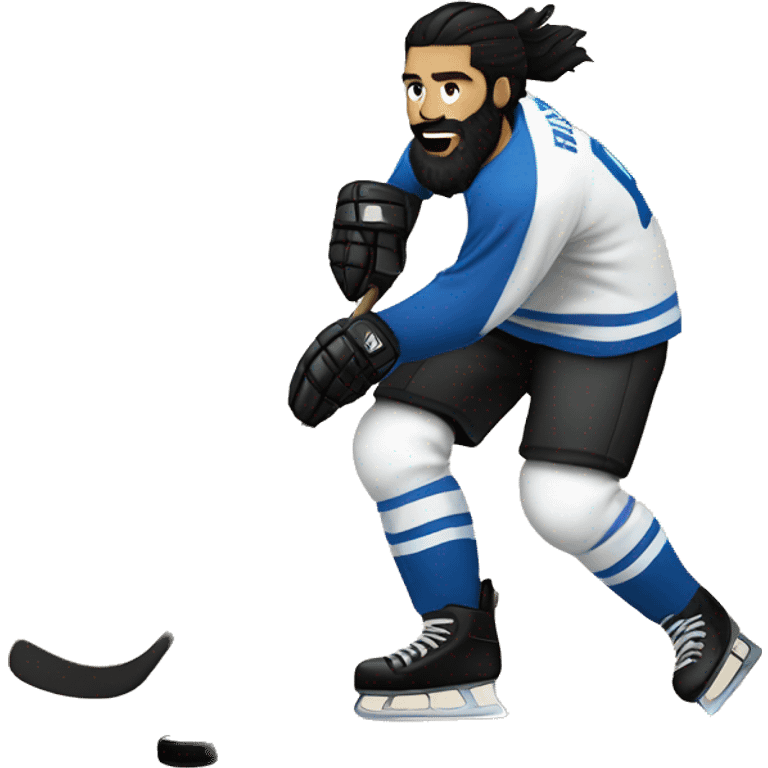 White man with black hair and black beard playing hockey emoji