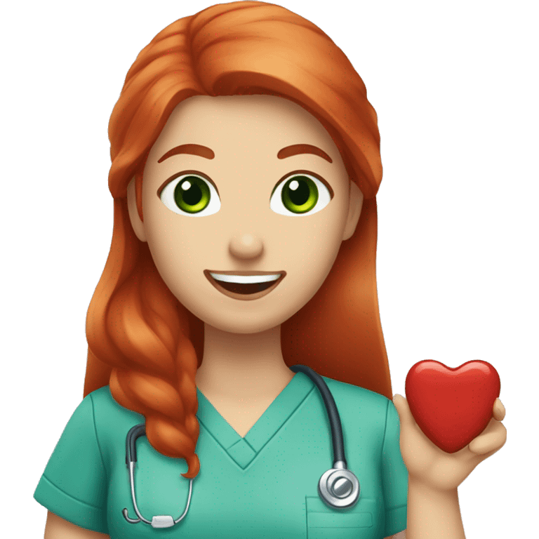 long red hair, green eyes, red lips girl, blue scrubs, holding a tooth emoji