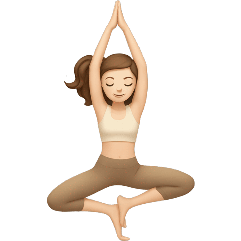 white girl with brown hair doing yoga in beige tones  emoji