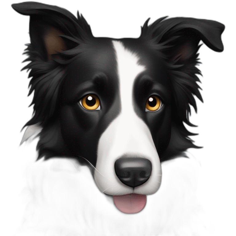 A black and white border collie with an skewed to the left white spot on his head chewing on iPad cord emoji