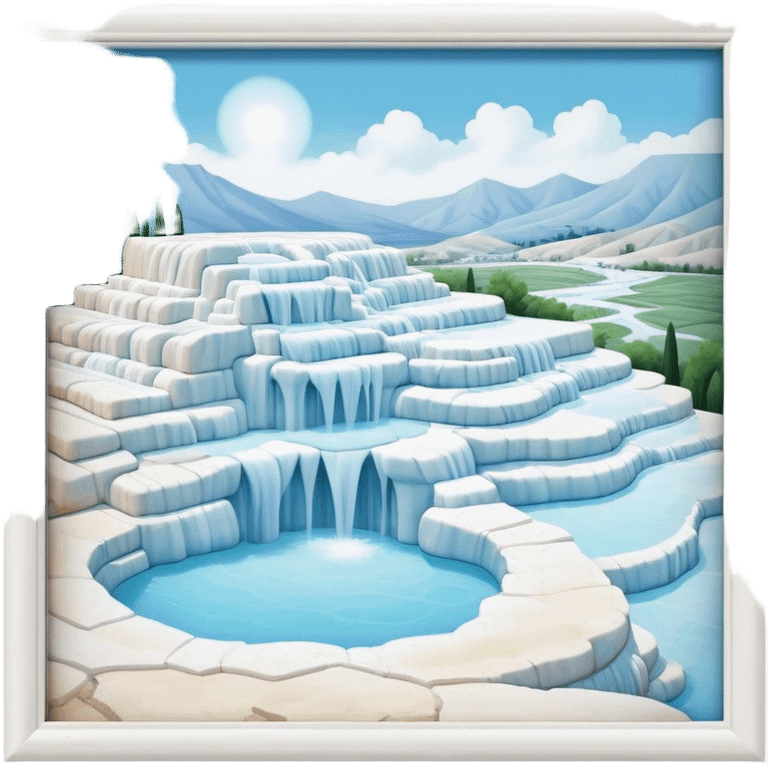 Cinematic Realistic Pamukkale Landmark Emoji, showcasing surreal cascading terraces of thermal waters rendered with ethereal textures and soft, luminous lighting. emoji