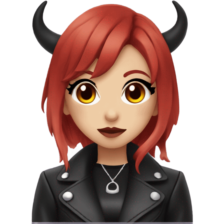 demon hime gyaru girl, black eyes, red hair, demon horns, leather coat emoji