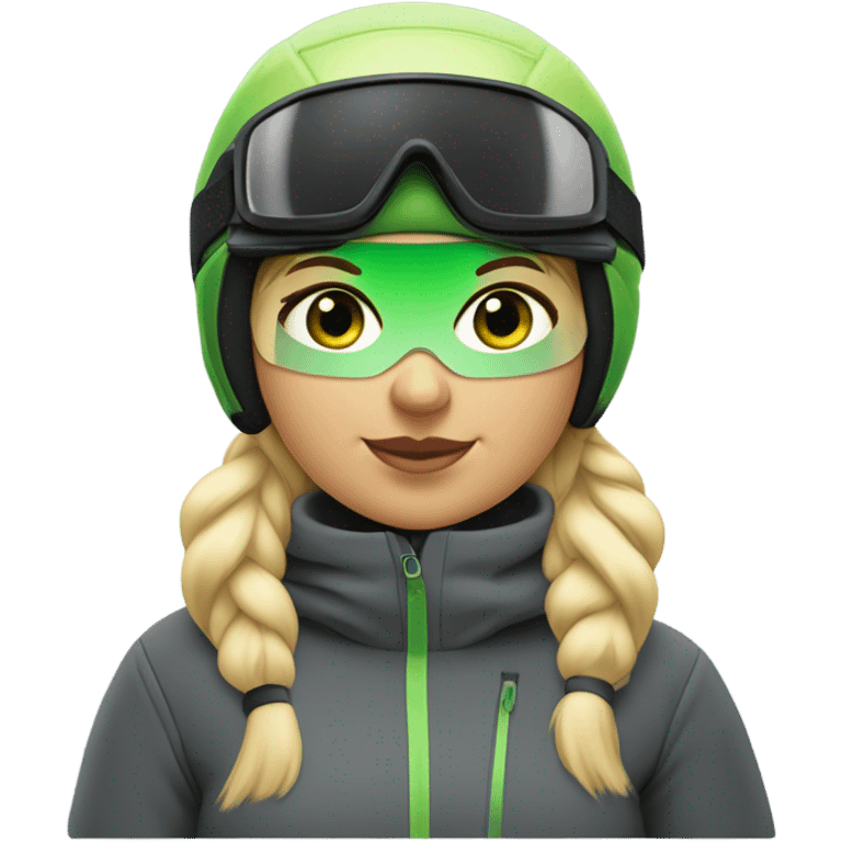 Green-eyed, fat female skier with medium-length straight blonde hair no curls, snow goggles on top of helmet, white ski helmet, gray snow jacket, green ski gloves, long black pants rolled up at the bottom, black only snow boots standing tall. emoji