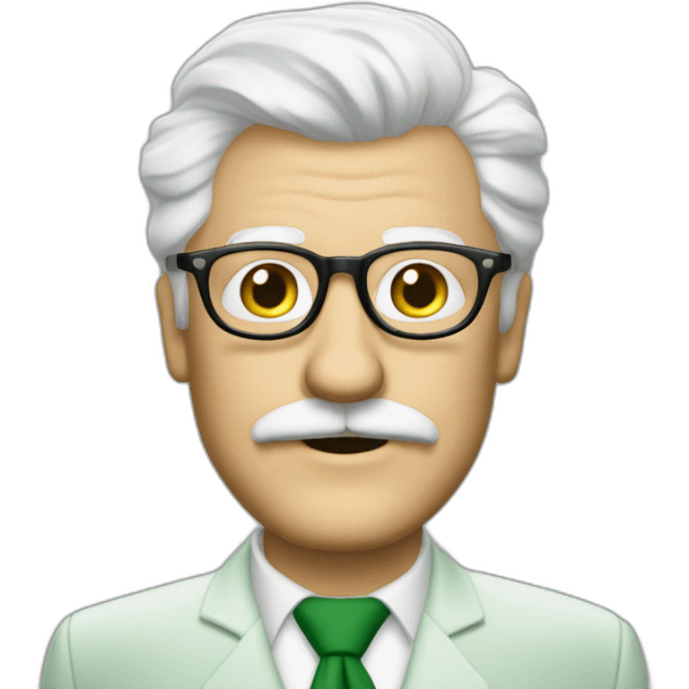 meester frank visser white hair, white mustache and glasses. Nice green suite emoji