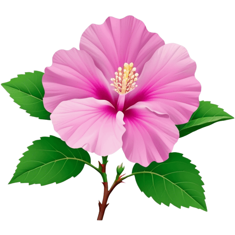 Cinematic Realistic image of a Mugunghwa flower (Rose of Sharon), rendered with delicate petal textures and vibrant pink hues, set against a minimalist background with gentle, diffused lighting that highlights its national significance emoji