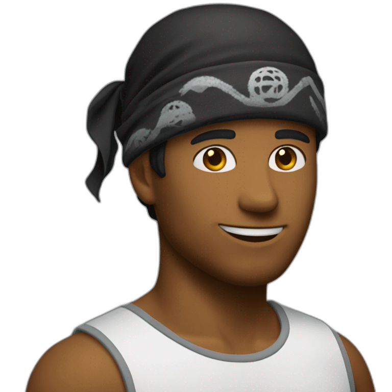 Un homme portant un bandana noir sur le visage et un bob emoji