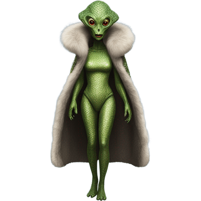 a Reptilian alien woman, in fur coat, full body emoji