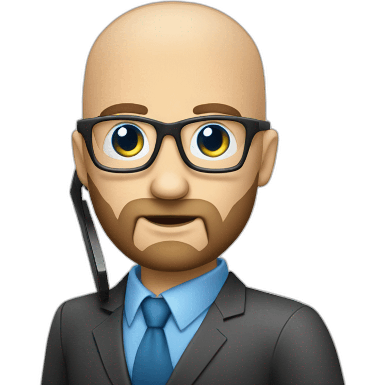 questioning business analyst on a call bald with beard with blue eyes and glasses with a phone emoji