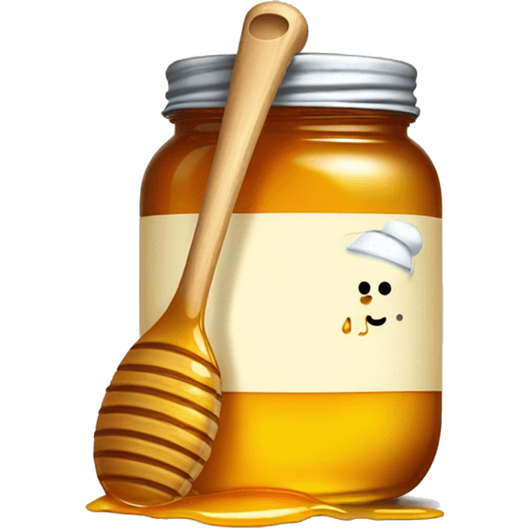 A jar of honey with a honey grooved spoon that is dripping honey  emoji