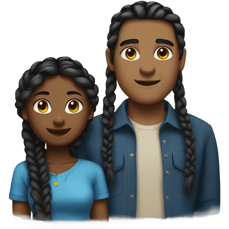 Blue shirt black girl with braids standing next to guy named Zahn emoji