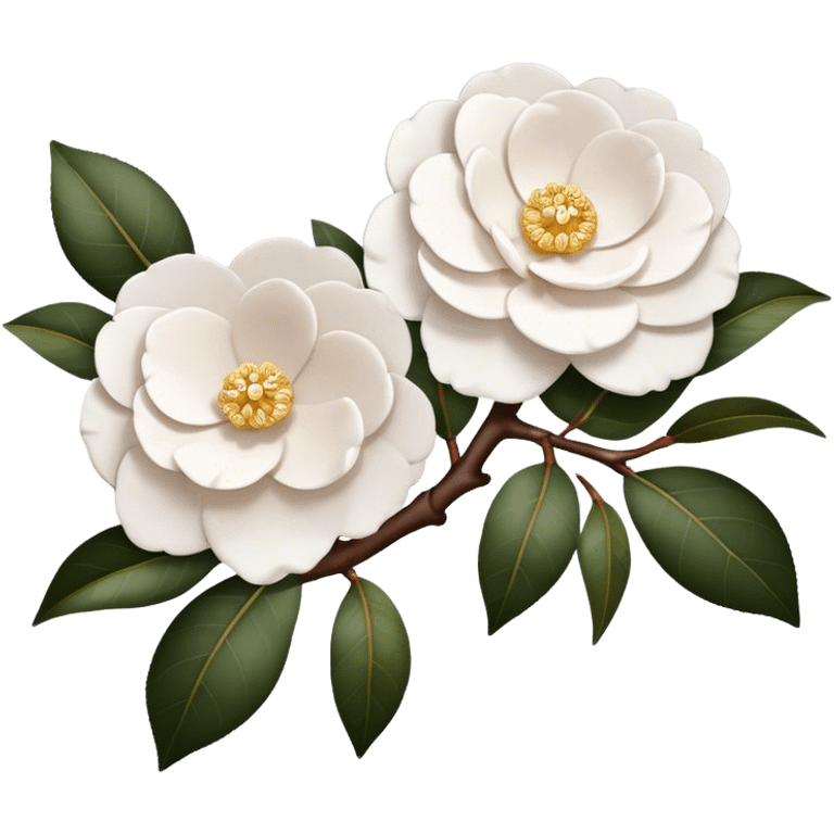 2 white camellias, no leaves, only brown branches  emoji