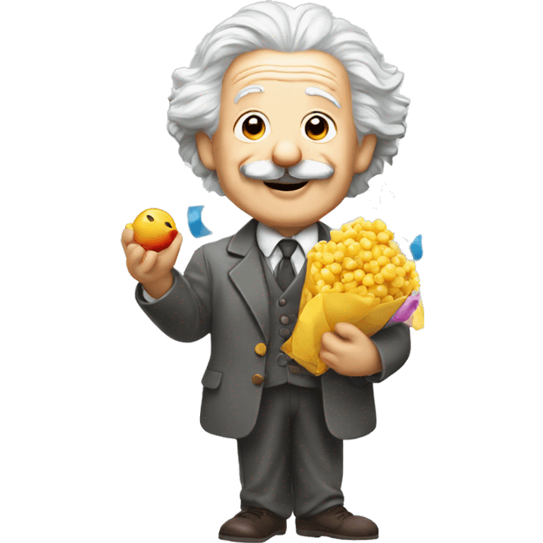 happy albert einstein holding confeti  in one hand emoji