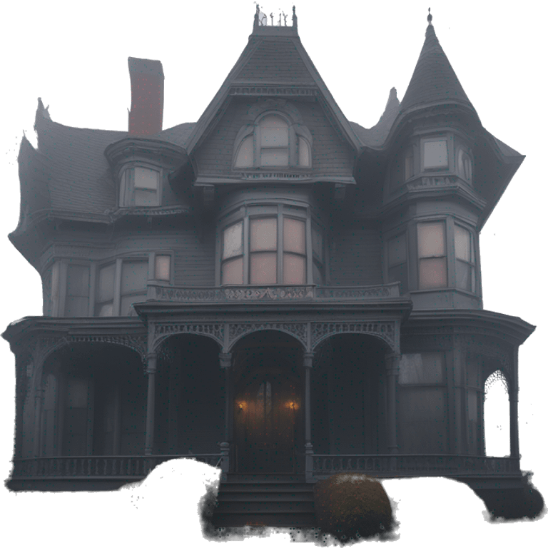 Fantastic Wide full view, A very roomy ramshackle Victorian Addams’s mansion looms through light fog at noon  emoji