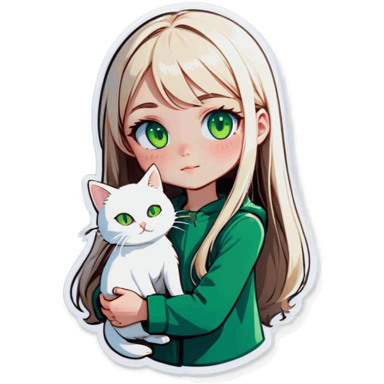 A pale girl with long blonde straight hair and green eyes holding a small white cat emoji