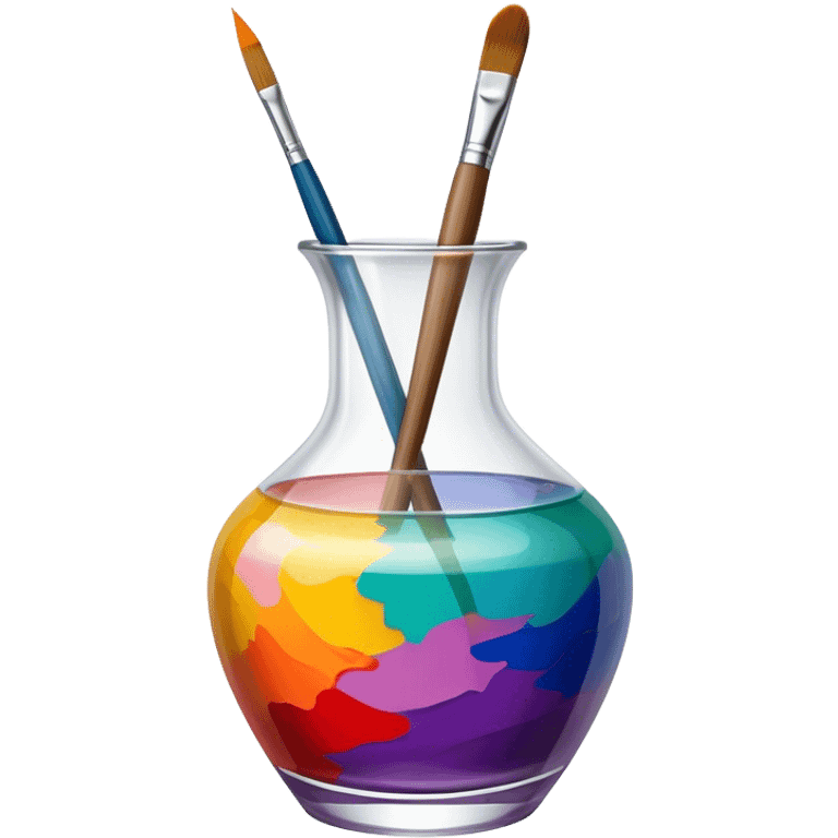 Glass painting icon, colorful brushstrokes on a glass vase, intricate painted patterns on the surface, visible fine paintbrush and palette beside it, no liquid inside the vase, minimalistic style, clean lines, transparent background. emoji