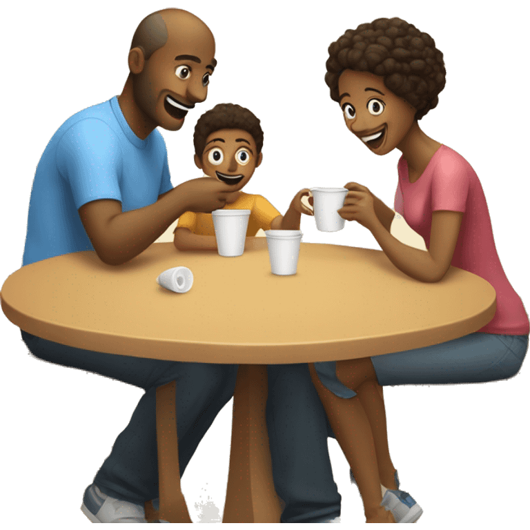 An emoji of a family—mother, father, and child—sitting at a table, playing a cup game with paper cups arranged on the table as they have fun together emoji