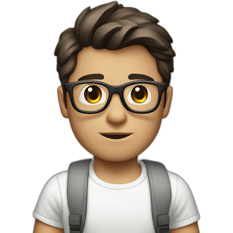 front view of young clark kent wearing white t-shirt using a laptop emoji