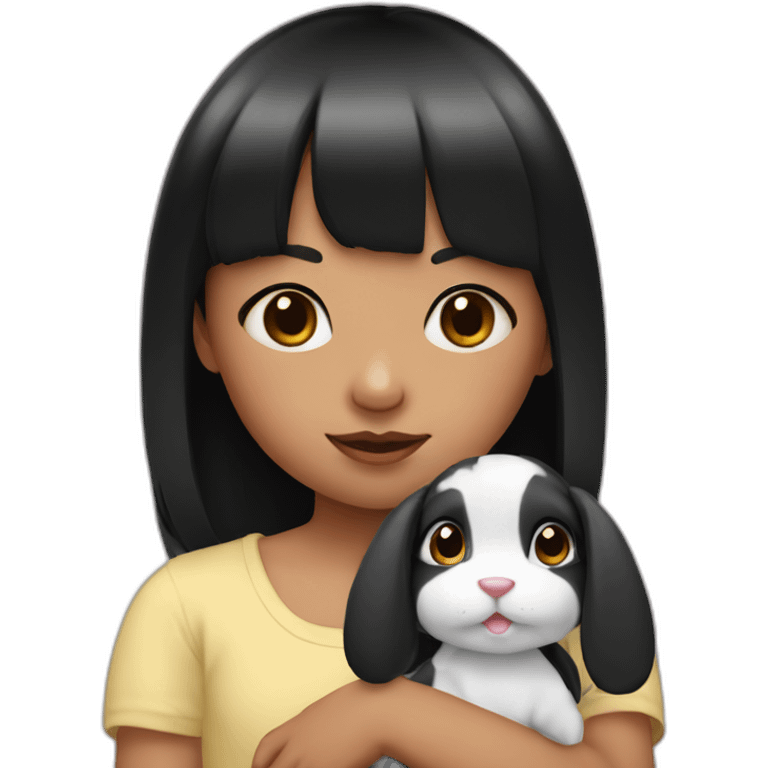 Little girl with black bangs holding rabbit emoji