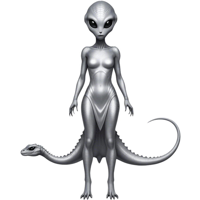 alien reptilian woman in silver dress, full body black eyes emoji