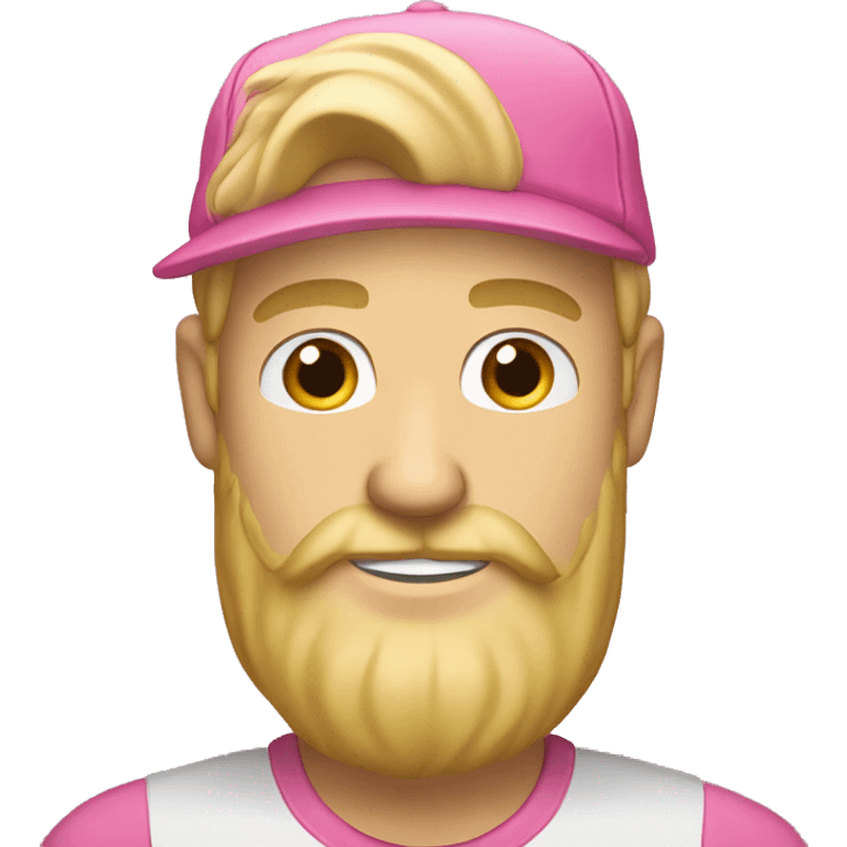 Man with blond hair and beard, pink hat and pink tshirt smiling emoji