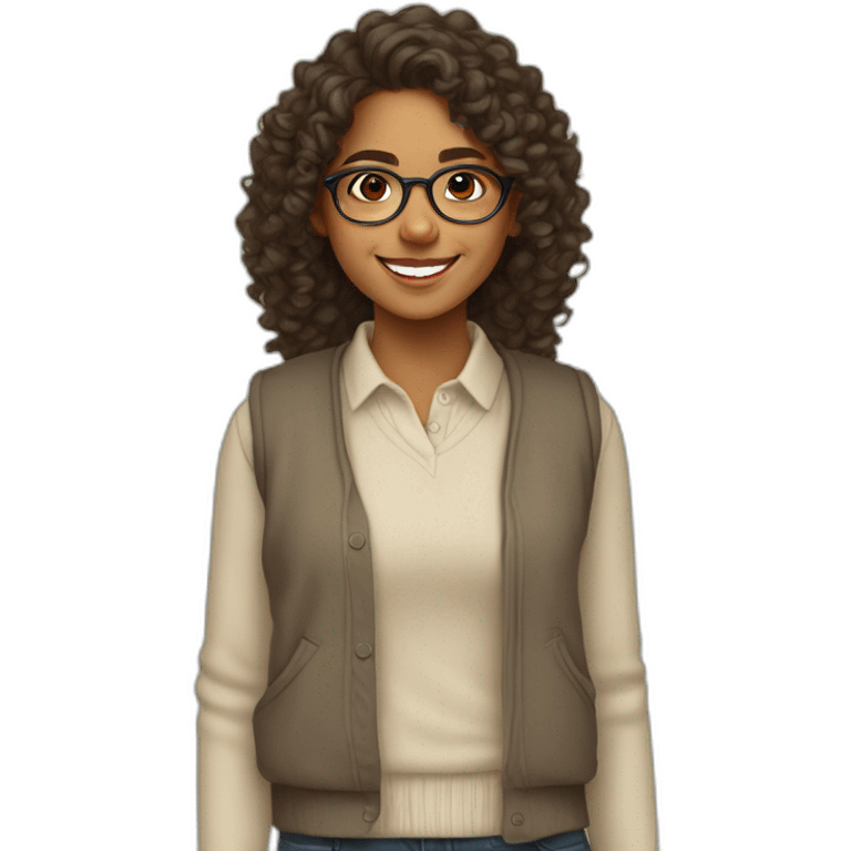 smiling indian teenage girl with curly hair and glasses wearing a collared long sleeve white shirt under a beige sweatervest emoji