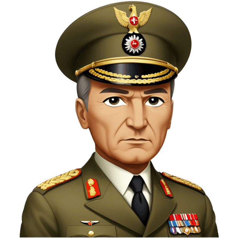 Cinematic Realistic Mustafa Kemal Atatürk Portrait Emoji, depicted as a visionary statesman with a determined gaze and period military attire, rendered with rich textures and dynamic historical lighting that captures his transformative leadership. emoji