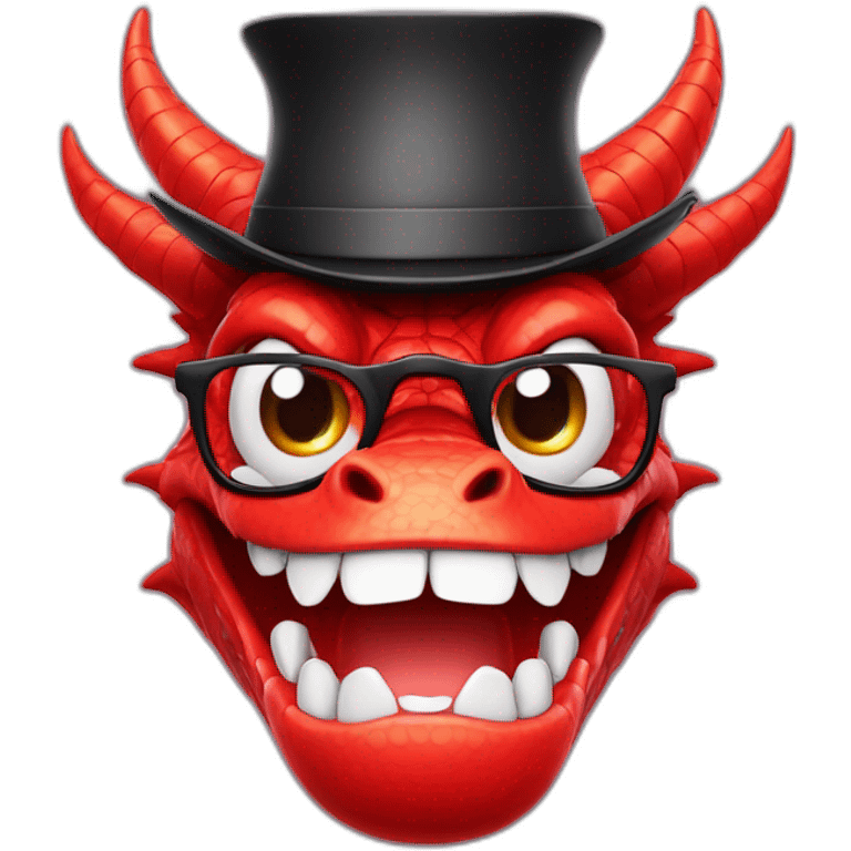 Crazy funny red dragon head with human white teeth and beautiful smile wearing glasses and hat emoji