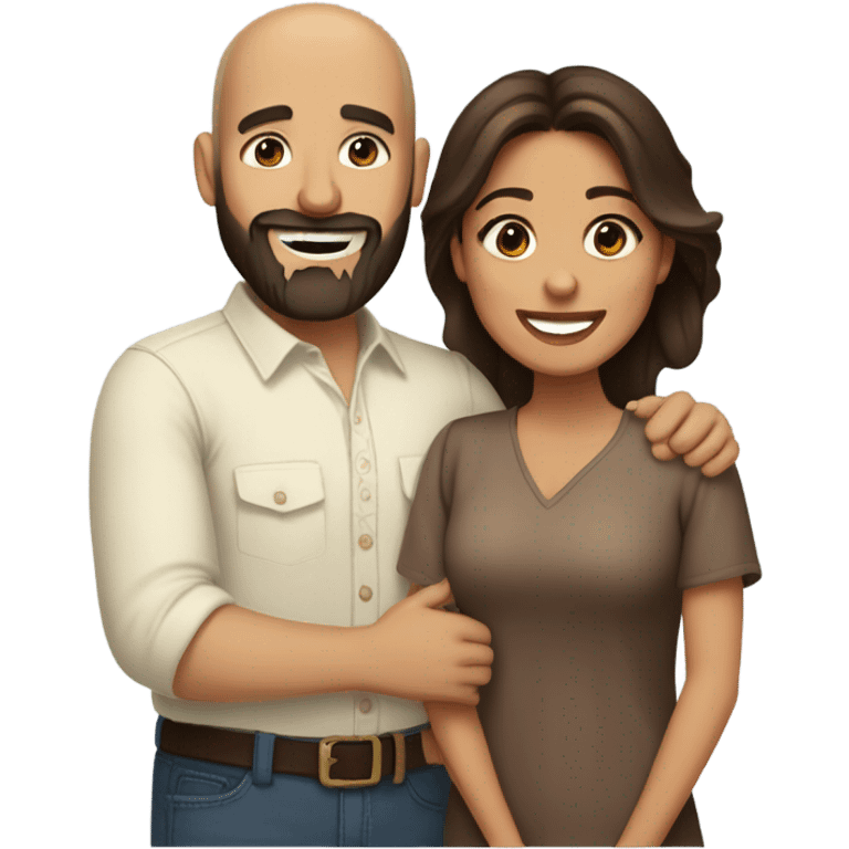 Brown-haired Puerto Rican woman with dark brown eyes wearing a cute blouse giving comforting hug to short, bald man with brown eyes, laugh lines, and a beard emoji