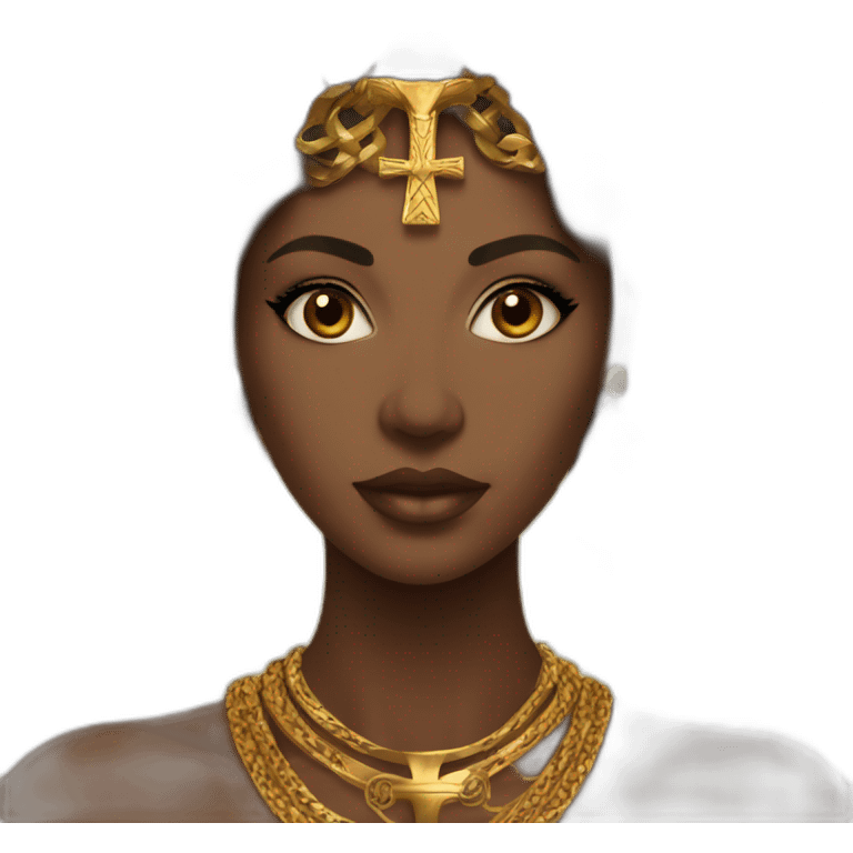 A Beautiful Black woman brown eyes with gold necklace with ankh emoji