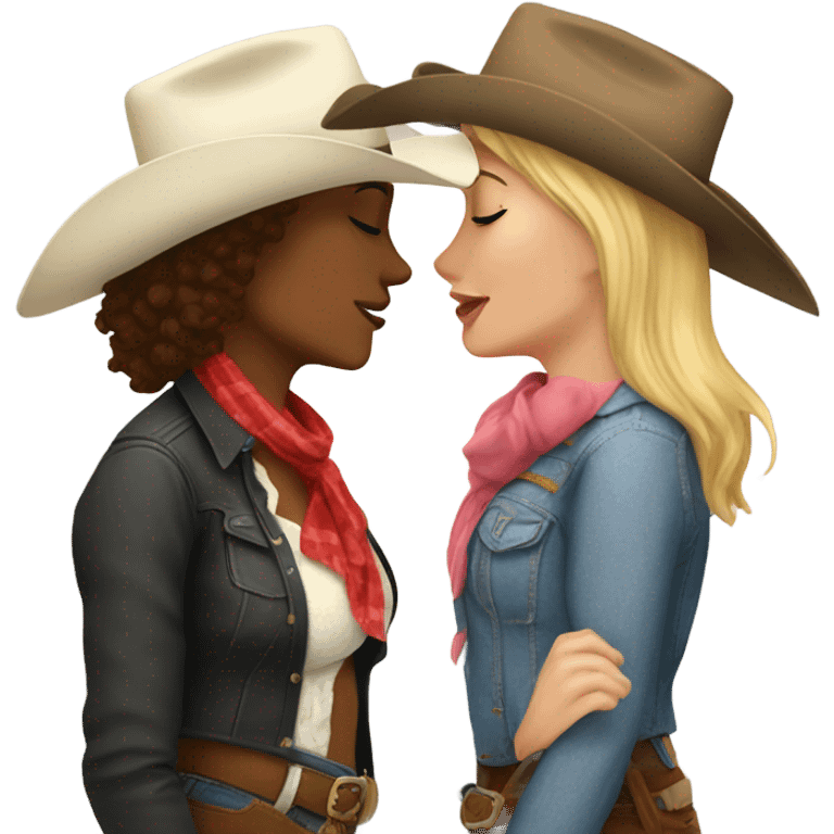 Women, white cowgirl, kissing another short hair woman cowgirl emoji