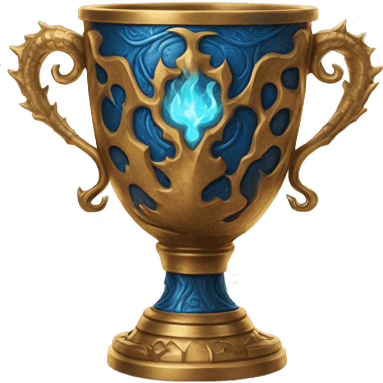 The Goblet of Fire is a large, ornate cup made of burnished gold with intricate carvings and handles shaped like fiery dragons. It's enchanted to select the champions for the Triwizard Tournament by emitting blue flames and magically presenting their name emoji