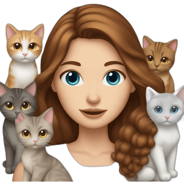 Woman with brown hair and blue eyes hold a five cats emoji