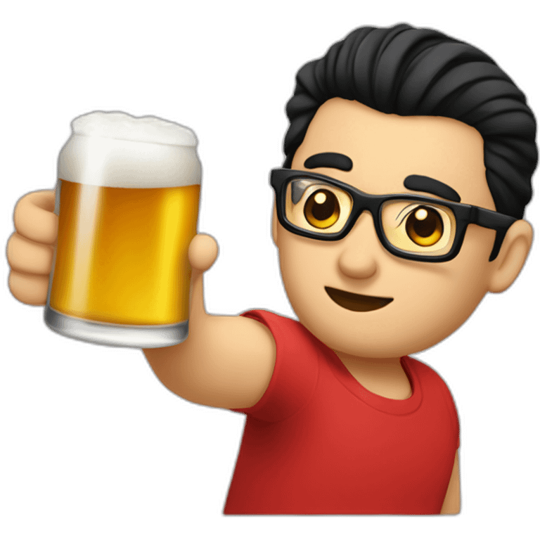 slicked back hair, white, rectangle glasses, red shirt, black hair,drunk, holding beer emoji