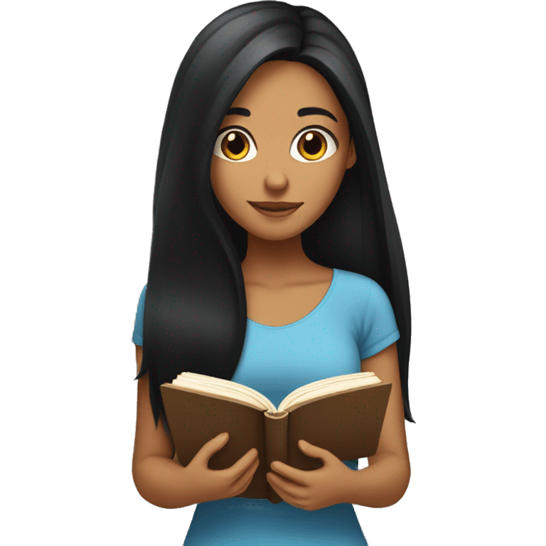 Girl with tan skin and long black hair reading a book emoji