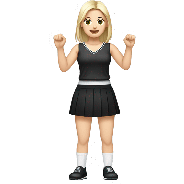 Front view full body caucasian beauty sitting straight hands up black skirt white knickers white socks emoji