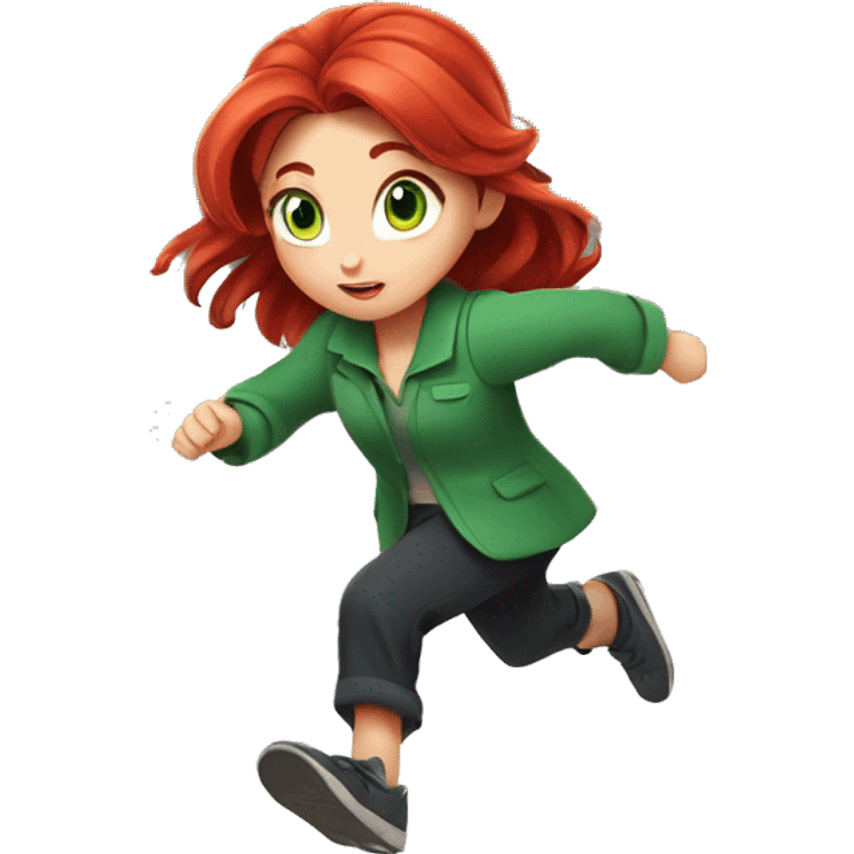 Cute Girl, Big green eyes, Long red hair, Green loose fitting pantsuit Running, Disney anime style, cinematic lighting emoji