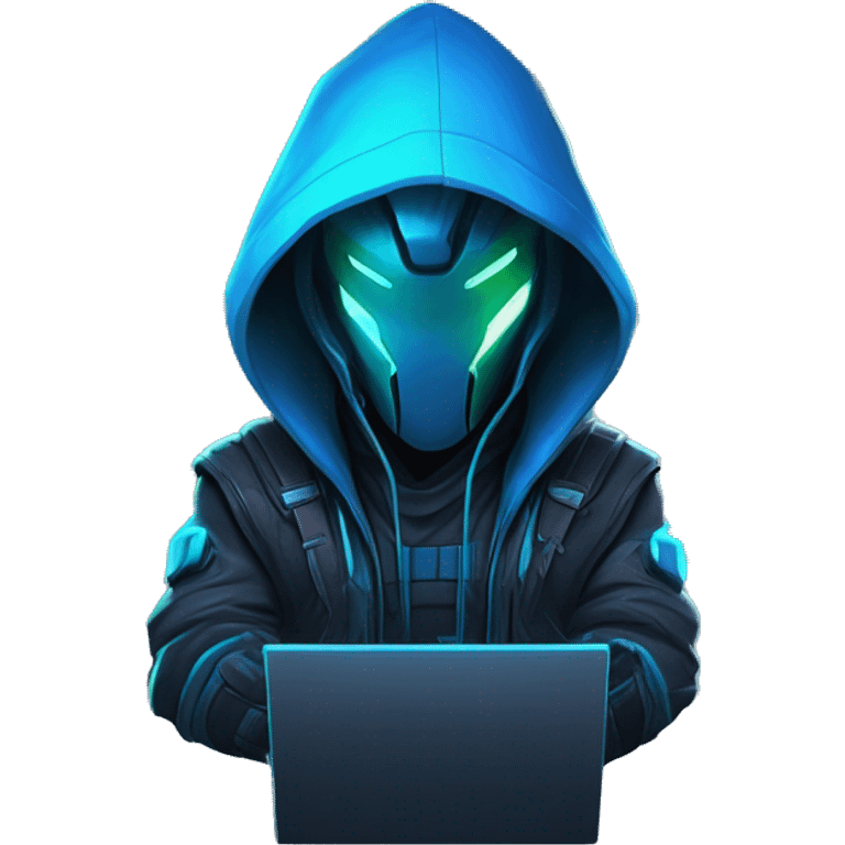 developer behind his laptop with this style : crysis Cyberpunk Riot Games Valorant neon glowing bright blue character blue black hooded assassin themed character emoji