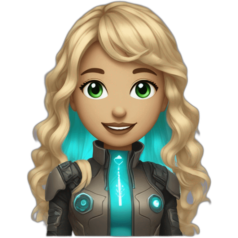 girl smiling with brown to blonde ombre wavy hair with bangs and greenish blue eyes wearing rhinestones next to eyes saying hi and wearing a cyberpunk outfit emoji